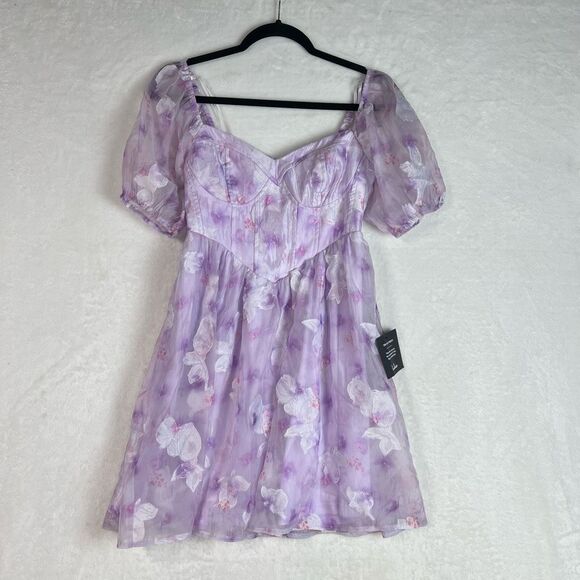 Lulus Darling Behavior Lavender Floral Burnout Puff Sleeve Mini Dress Size S NWT - Picture 5 of 14
